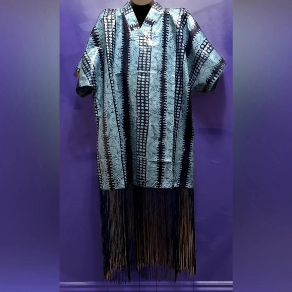 ZIXLUXE Fashion Loose Fit half Fringe Adire Kaftan | Coverup | maxi V neck dress - Picture 4 of 12